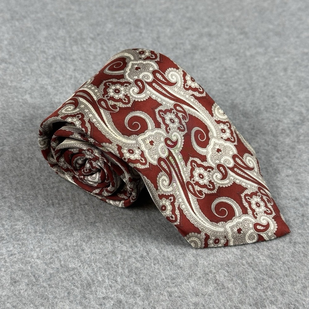 Vintage Guy Laroche Paris Red Gray Paisley Silk Necktie Mens Tie 54x3.5"